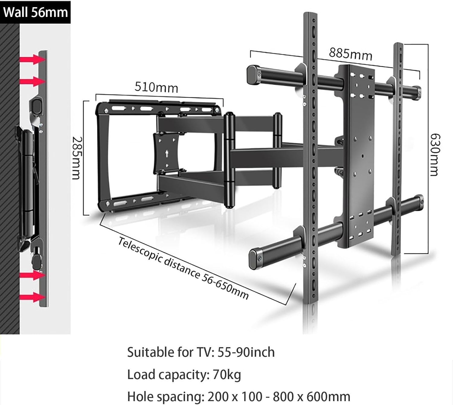 TV Bracket Articulated TV Wall Mount - TV Wall Mount - for 55-90 Inch Flat Curved LED LCD Screens, Tilting and Rotating Support, 800x600mm(