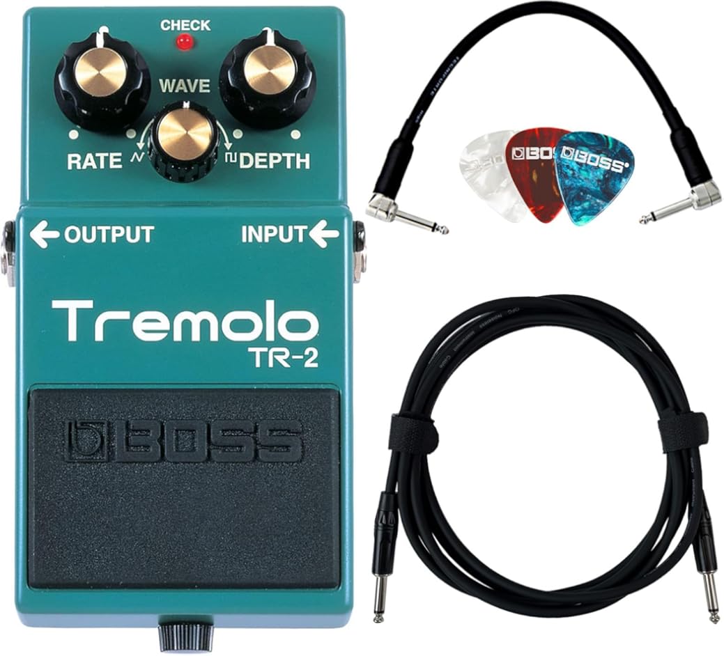Boss TR-2 Tremolo Bundle with Gearlux Instrument Cable, Patch Cable, and Picks