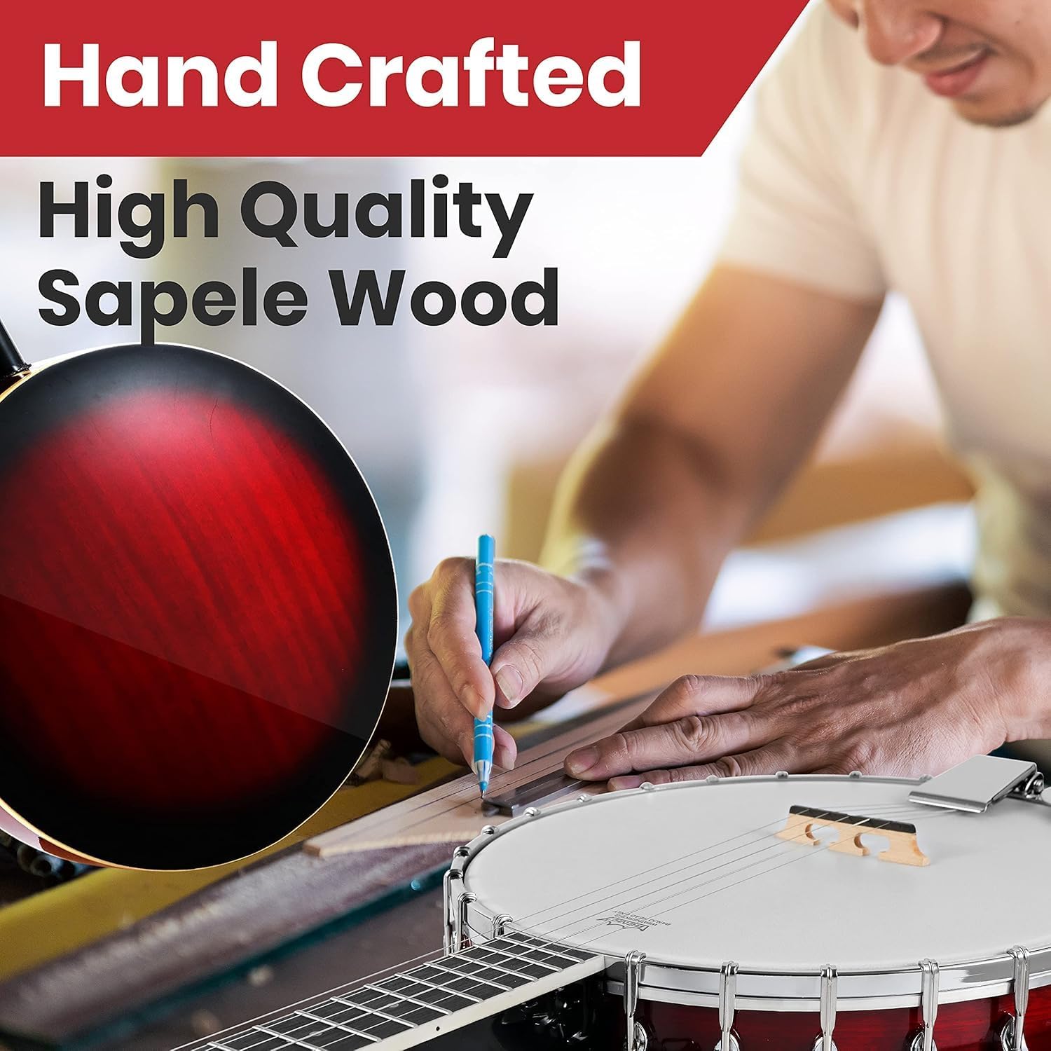 Pyle 5 String Resonator Banjo - Full Size 24 Bracket, Geared 5th Tuner Professional Instrument w/Remo Drum & Hardwood Back - Full Beginner Starter Kit Gig Bag, Tuner, Strings, Picks, Strap, Tools