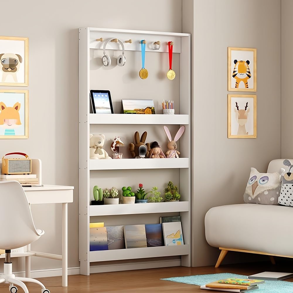 5-Tier Wall-Mounted Bookshelf for Behind-The-Door Storage – Wooden Narrow Bookcase with Open Shelves, Space-Saving Organizer for Books, Toys, and Decor(Brown,Large(39.4in))