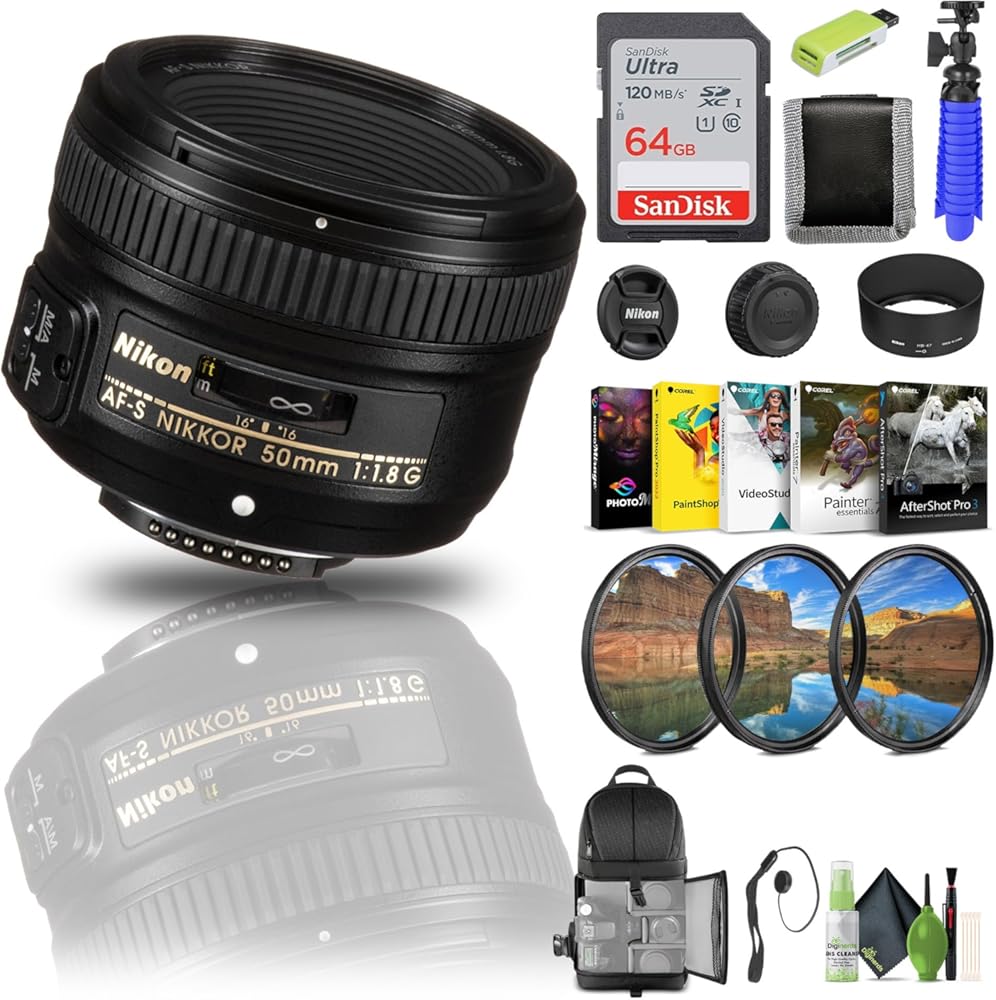 Nikon AF-S NIKKOR 50mm f/1.8G Lens (2199) + 64GB Memory Card + Filter Kit + Backpack + Card Reader + Corel Photo Software + Flex Tripod + Memory Wallet + Cap Keeper + Cleaning Kit (Renewed)