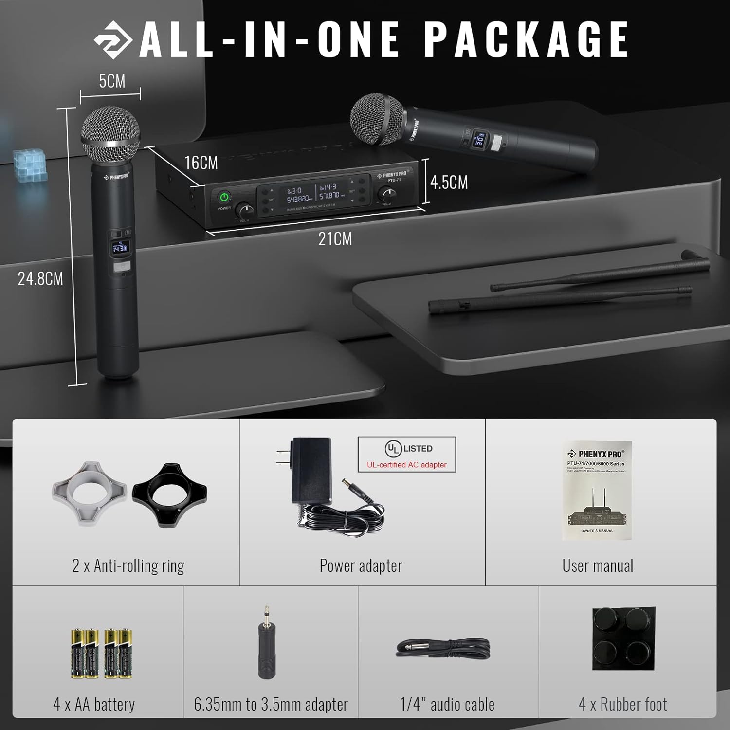 Phenyx Pro Wireless Microphone System,2x100 Adjustable UHF Channels(PTU-71-2H) Bundle with 3Ft XLR Snake Cable