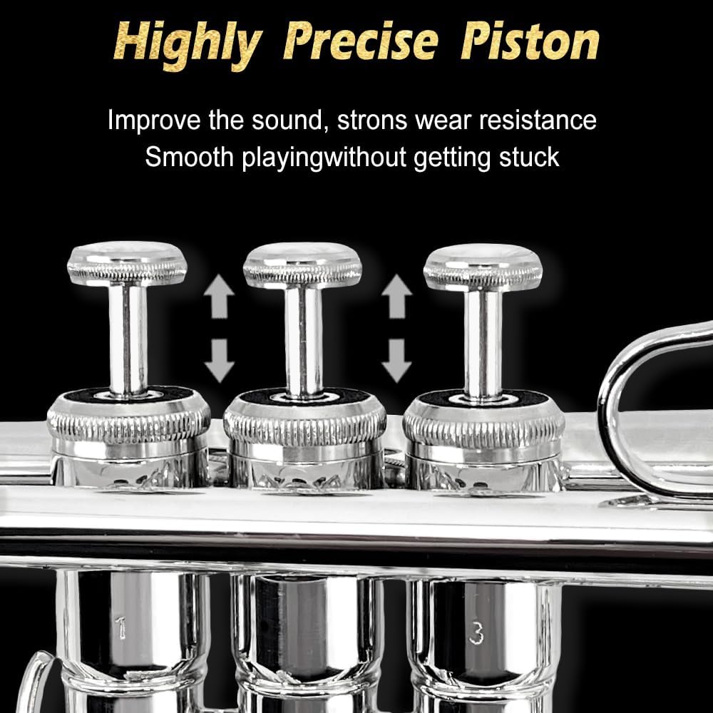 Bb Trumpet for Beginners - Student B-Flat Trumpet Set with 7C Mouthpiece, Hard Case, Gloves, Cleaning Cloth - Perfect Starter Brass Instrument (Silver)