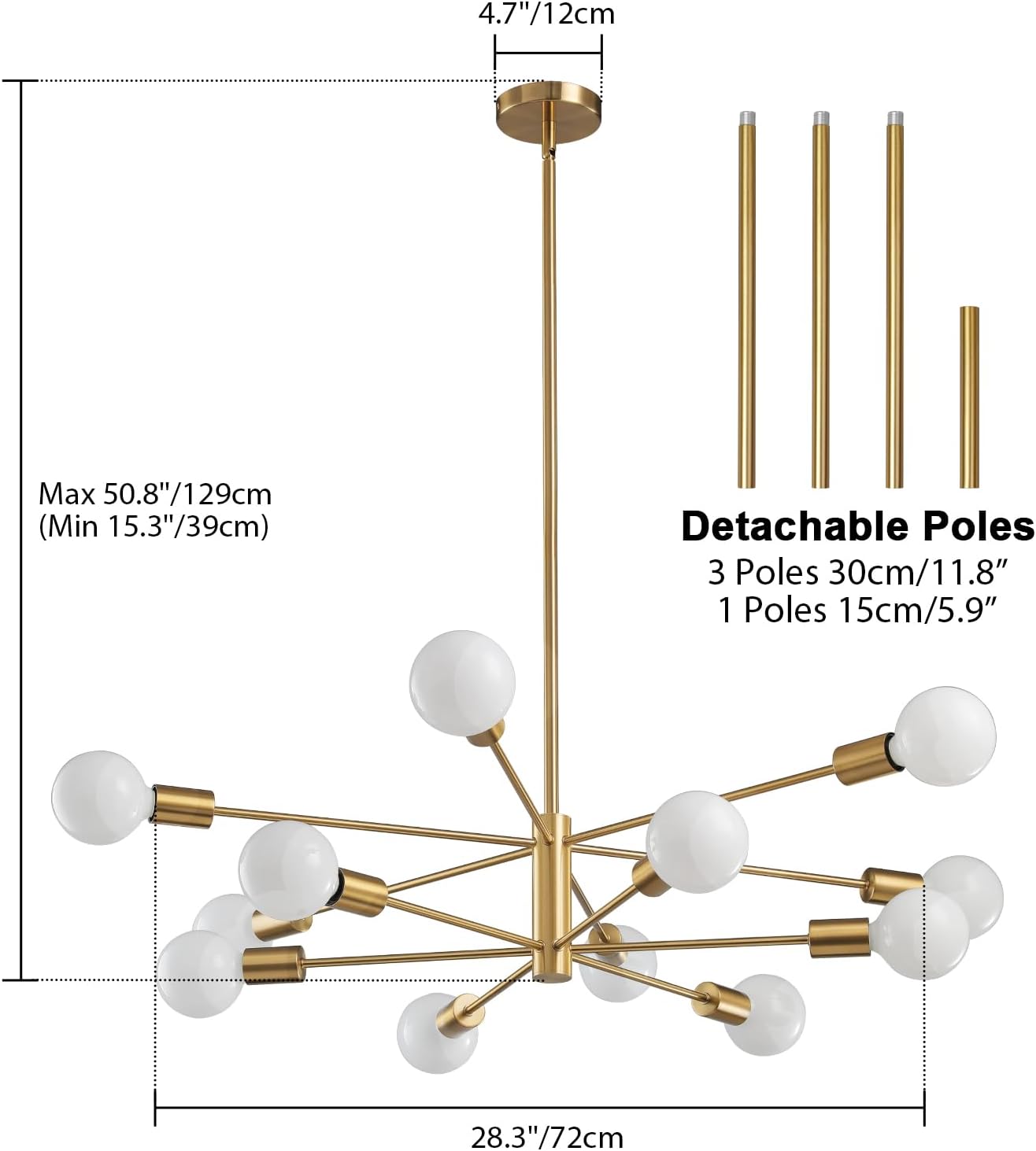 Modern Sputnik Chandeliers Light, 12-Light Gold Gold Dining Room Chandelier Over Table, Height Adjustable Industrial Semi Flush Mount Mid Century Chandelier for Kitchen Island Living Room