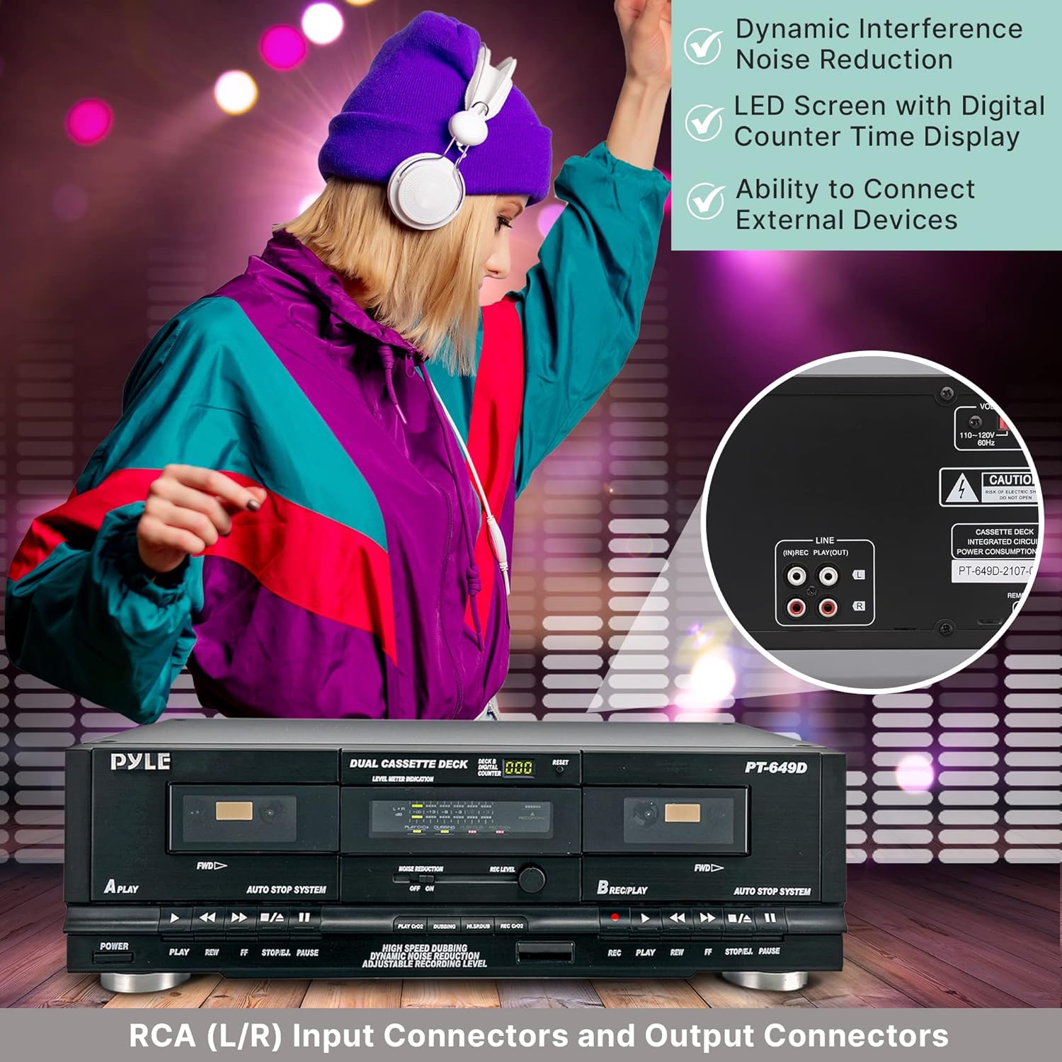 PyleUsa Dual Cassette Deck | Music Recording Device with RCA Cables | Removable Rack Mounting Hardware | CrO2 Tape Selector | Built-in 3 Digit Tape Counter - 110V/220V