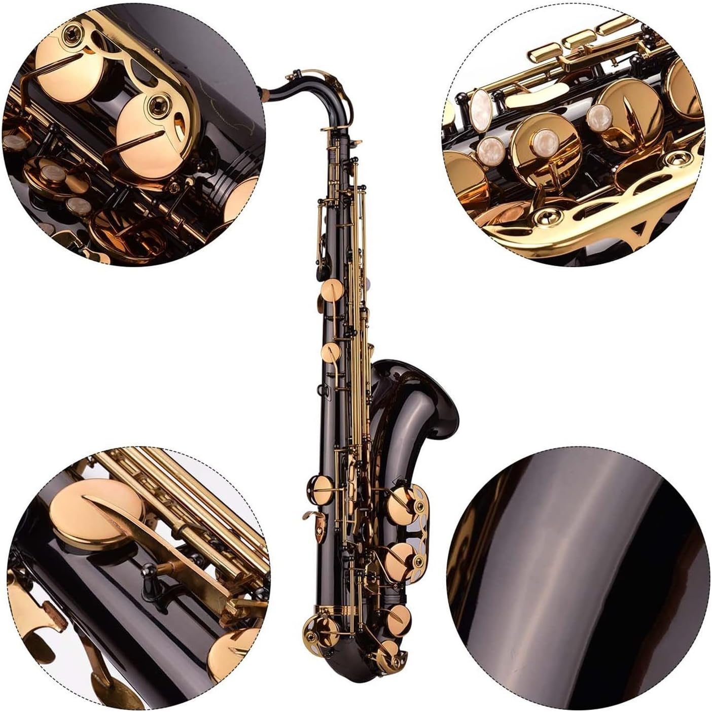 KESHUO Bb Tenor Saxophone Sax Brass Body Black Golden Keys Woodwind Instrument with Carry Case Gloves Cleaning Cloth Brass Sax Beginners Kit