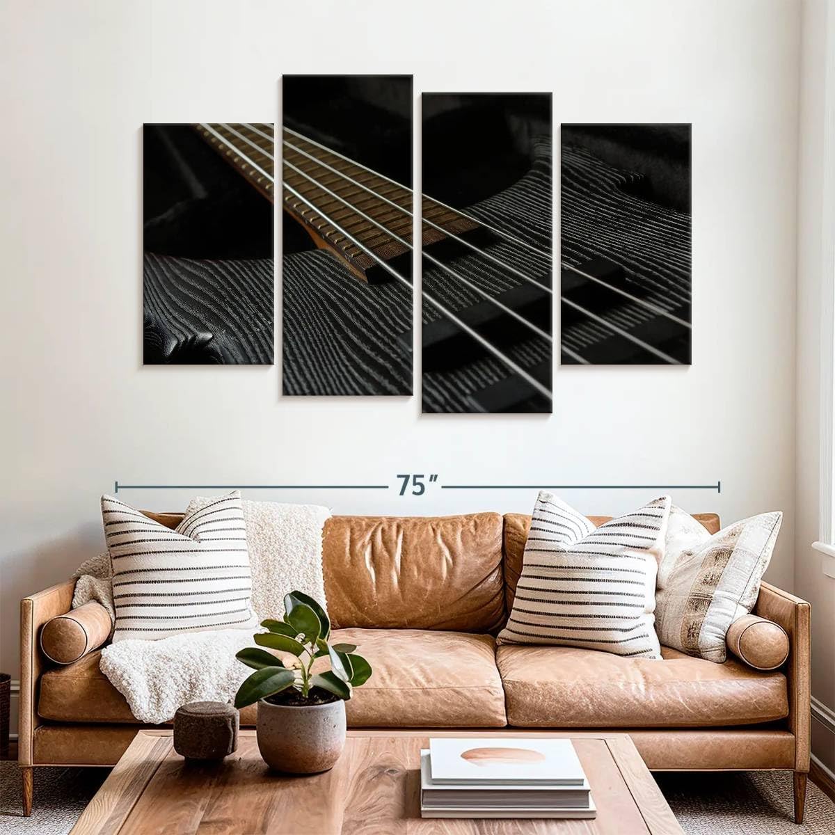 Elephant Stock - Bass Guitar Strings Wall Art - Horizontal Multi Panel Canvas - 4 Piece Living Room Wall Decor - Photography Music Multi Piece Wall Art - Black And Brown Decor - 68