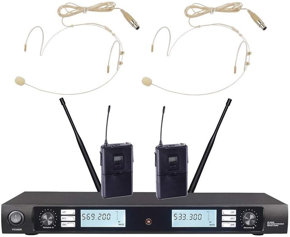 2900S Automatic Scanning Dual Beige Headset Professional Sound System 200 Channels Wireless Vocal Microphone UHF Singing Church FCC