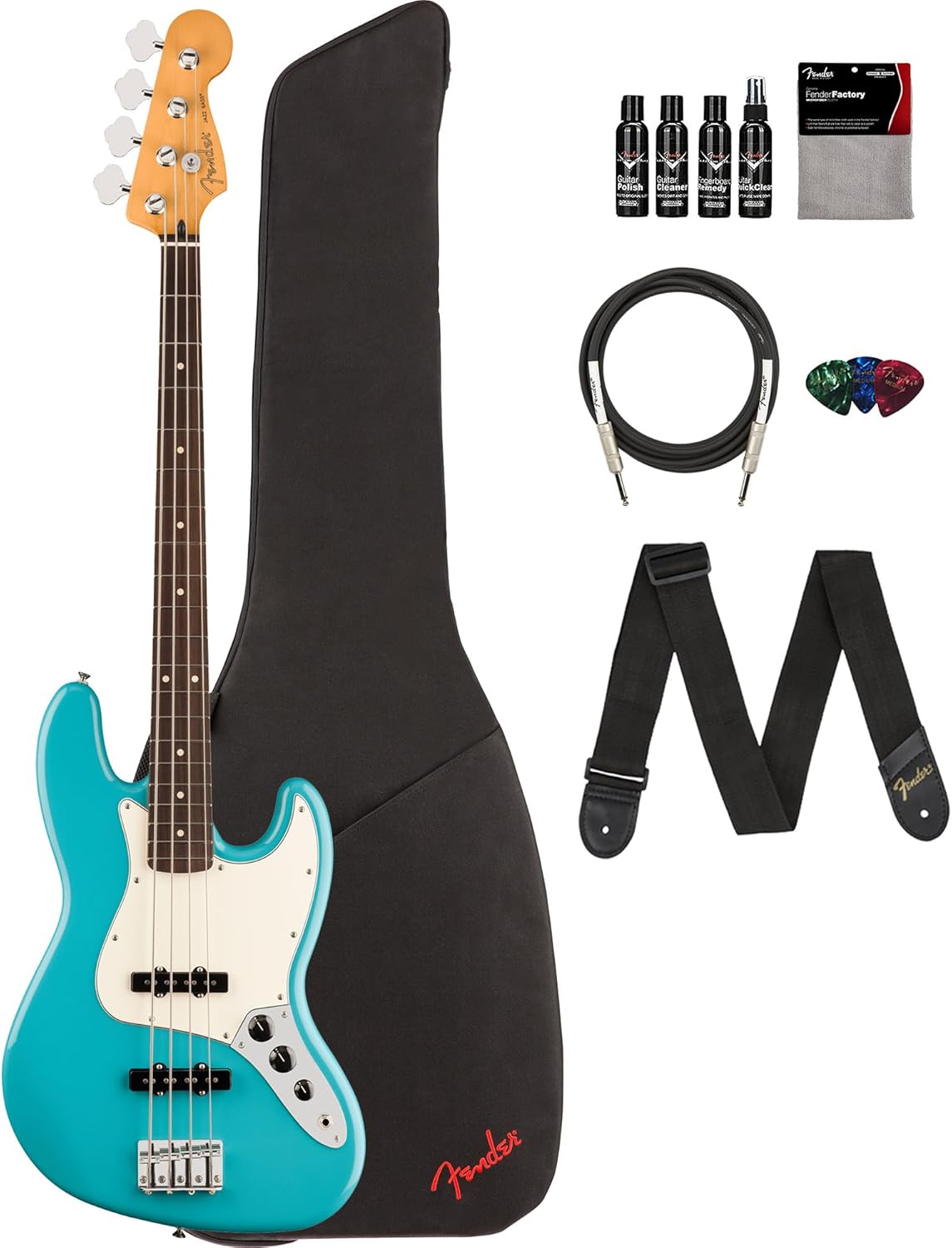 Fender Player II Jazz Bass - Aquatone Blue Bundle with Gig Bag, Strap, Cable, 3-Pack Picks, and Guitar Cleaning Kit