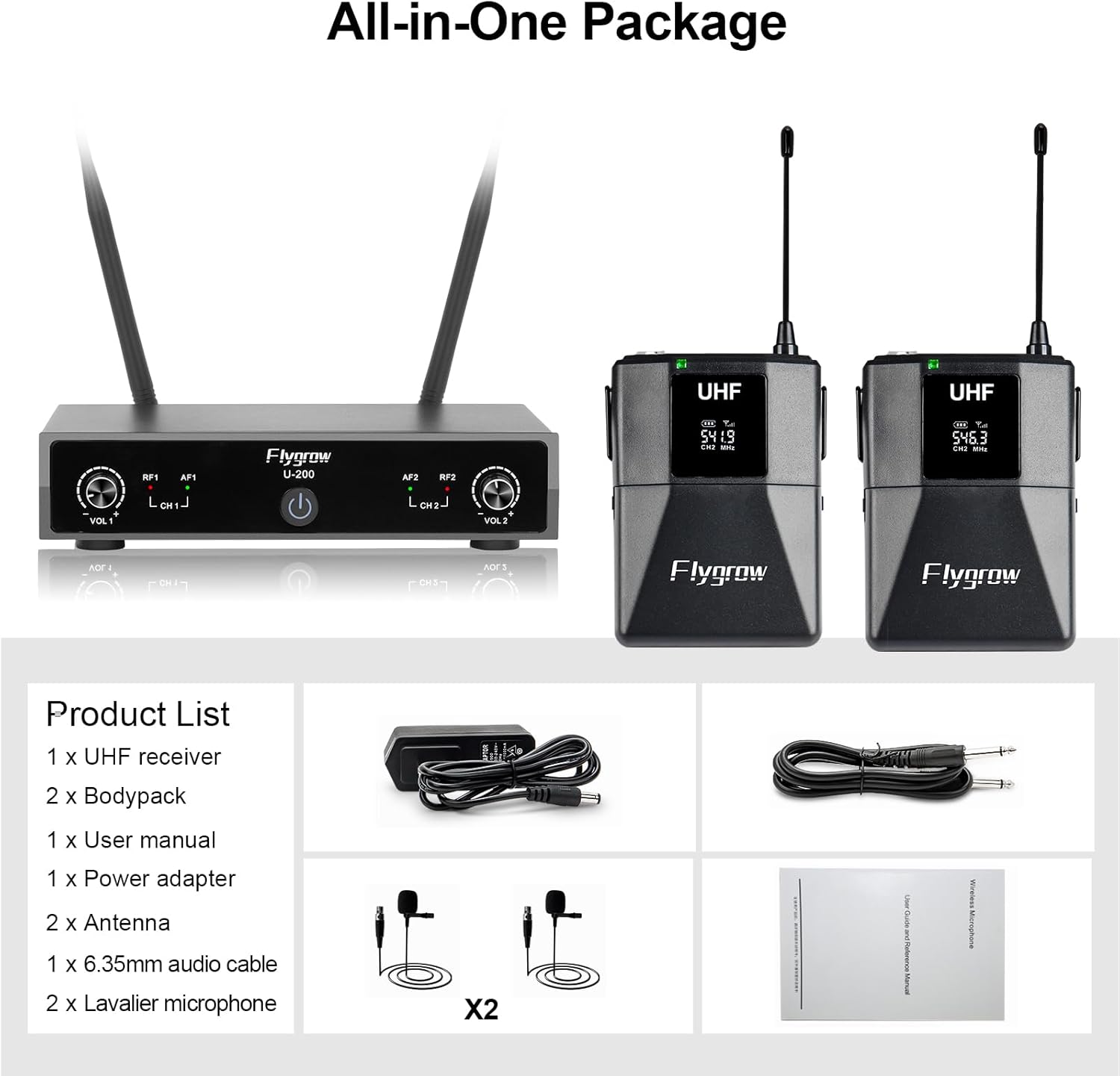 Dual Channel UHF Wireless Microphones System with Lavalier Lapel Mics, Bodypack Transmitter,250ft Range for Live Singing Karaoke Church Party DJ PA Speaker(2 Bodypack)