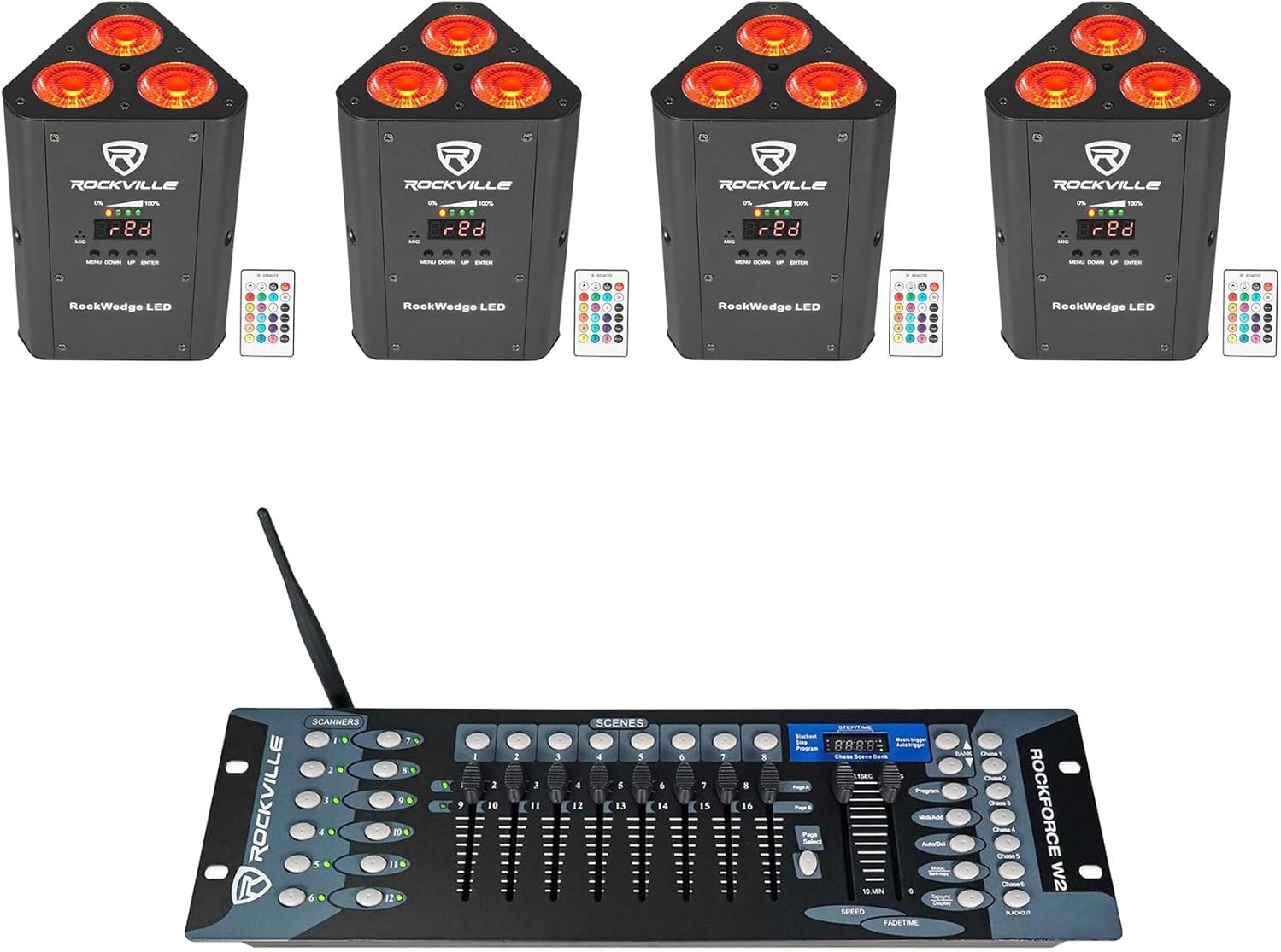 Rockville RockWedge LED Bundle: (4) 54W RGBWA+UV Battery Powered Wireless DMX Par Lights with Remotes, Sound and Auto Modes, ROCKFORCE W2 192 Channel 2.4GHz DMX Lighting Controller, 5-Items