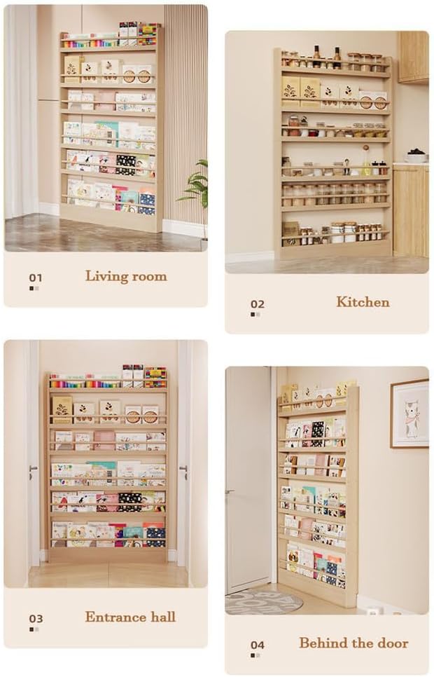 Behind The Door Storage Organizer Behind The Door Bookshelf Solid Wood Bookcases with Open Display Shelves for Toys and Books Space-Saving Wall Mount Narrow Book Shelf,Yellow,100*10*120cm