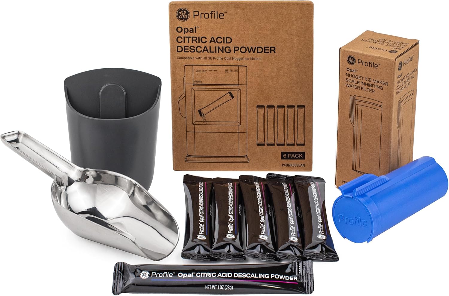 GE Profile Opal Upgrade Kit for Nugget Ice Maker, Includes Stainless Steel Scoop + Magnetic Holder, Scale Inhibiting Filter, Descaling 6 Pack Powder Kit