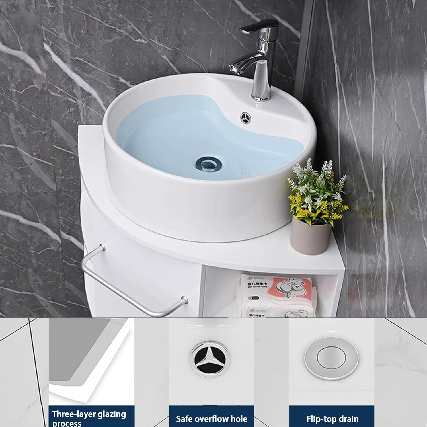Corner Bathroom Sink, Wall Mount Corner Bathroom Vanity, Ceramic Sink Cabinet with Storage Container, Triangle Shaped Wash Basin for Home(50cm/19.6in)