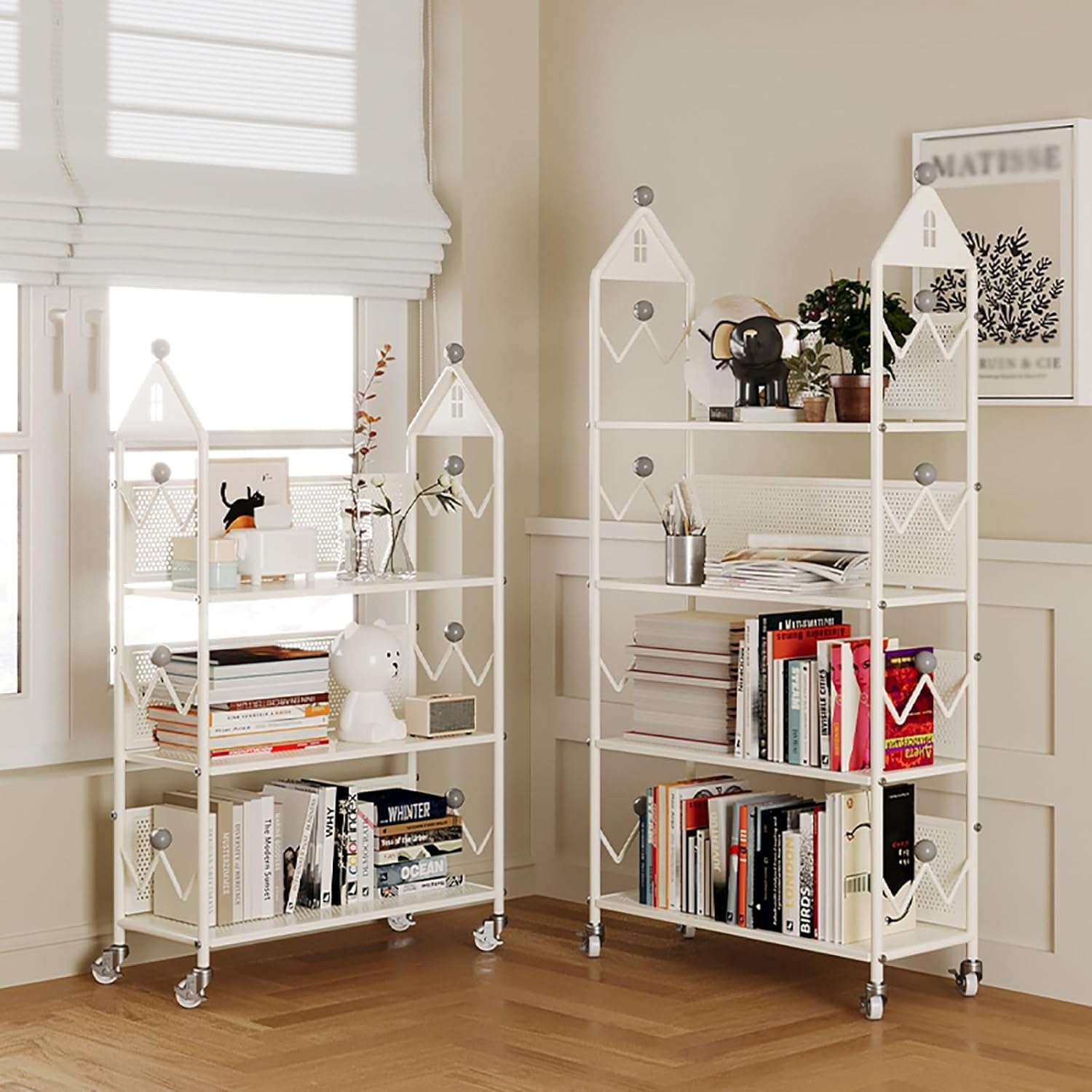 Metal Bookshelf with 360°Rotation Wheels, Creative Library Cart, Floor Standing Bookcase, Open Vertical Iron Art Storage Display Rack for Home Office Living Room(Black,114cm/44.9in)