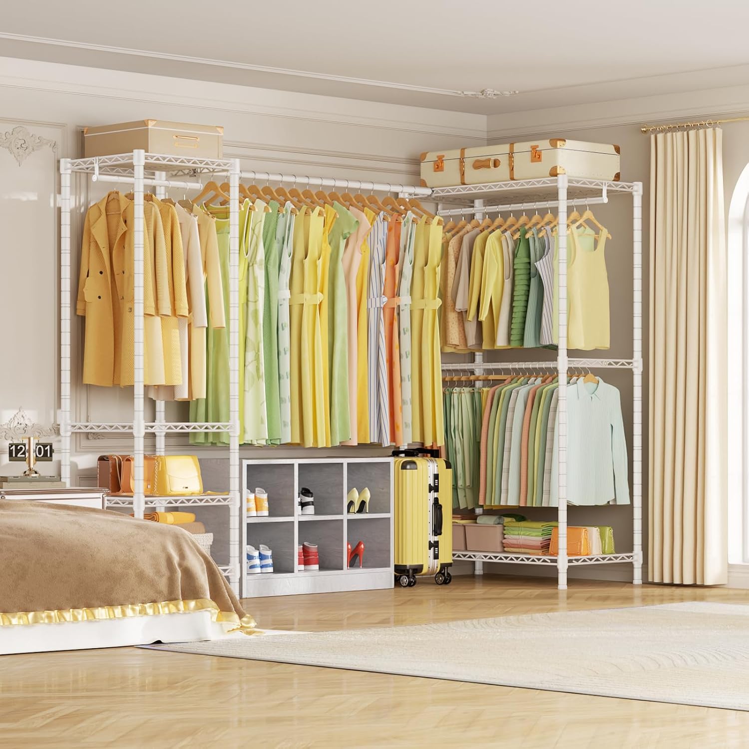 E10L L-Shaped Clothes Rack for Corner（With Expandable Hanger Rod）Heavy Duty Freestanding Clothing Racks for Hanging Clothes，Portable Garment Rack 58-82