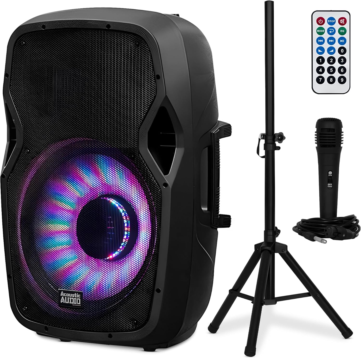 Acoustic Audio by Goldwood 1000W Bluetooth Speaker w/ Flashing LED, Large Plug-In PA System w/ Stand, Mic, & Remote for Karaoke, DJ, or Tailgate Party