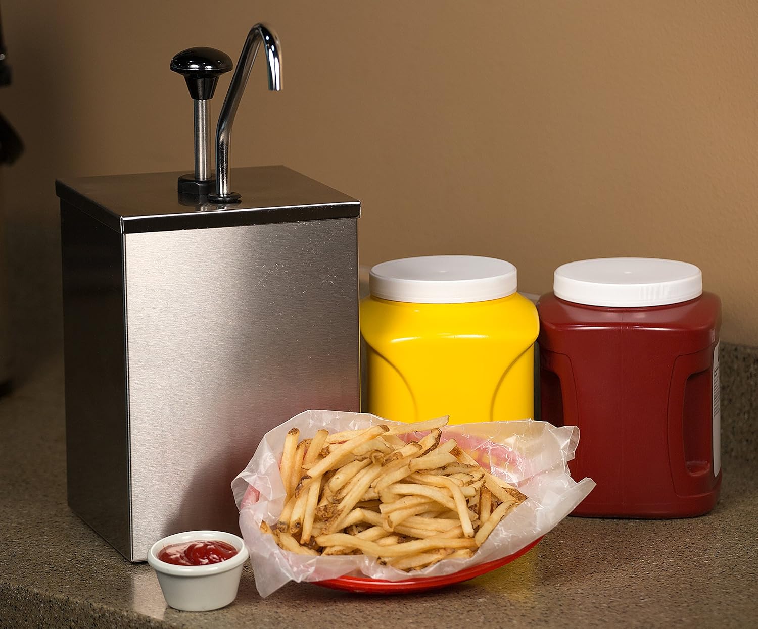 Carlisle FoodService Products Condiment Rail Condiment Center with Metal Pump for Gas Stations, Restaurants, Stainless Steel, 7.25 x 7.25 x 15.5 Inches, Silver