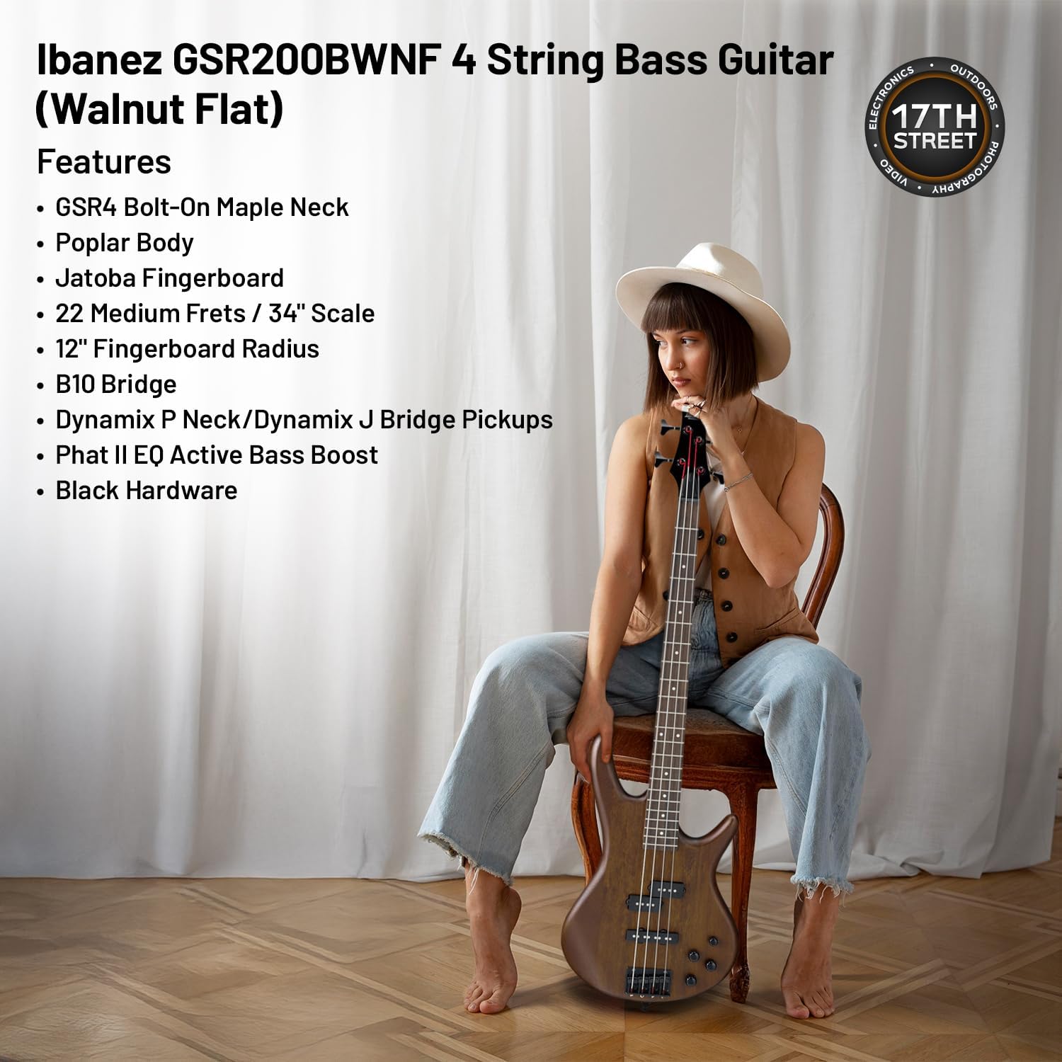 Ibanez GSR200B 4-String Bass Guitar (Walnut Flat) - Right Handed Nyatoh Body Bass with GSF50 Powerpad Strap, 15 Pack Guitar Picks with Storage Box & Microfiber Cleaning Cloth (Bundle Set)