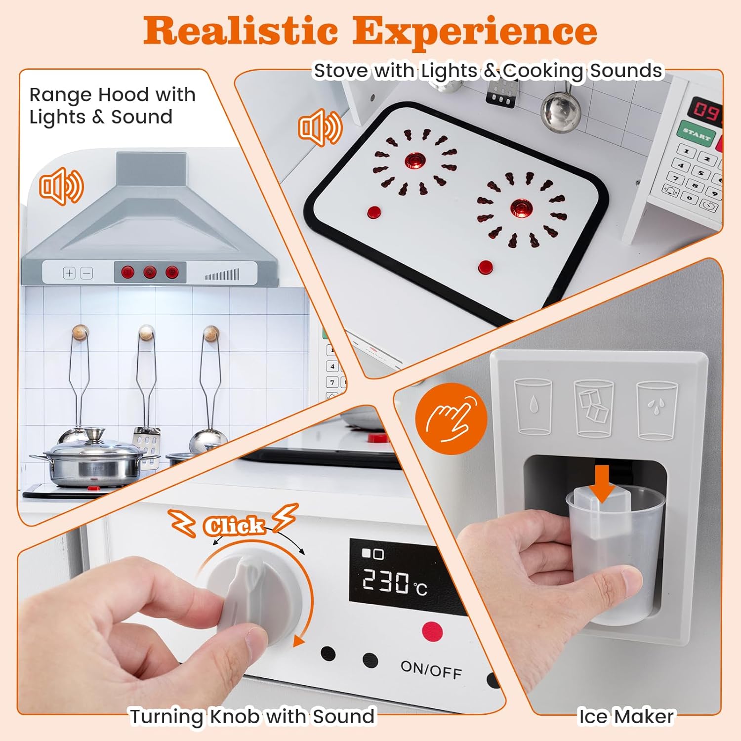 Costzon 3-Piece Play Kitchen for Kids, Wooden Toy Kitchen Set with Refrigerator, Washing Machine, Range Hood, Ice Maker, Kids Kitchen Playset with Sounds & Lights, Gift for Toddlers Ages 3+