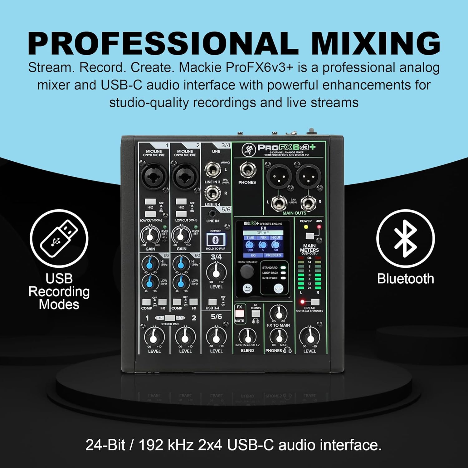 Mackie ProFX6v3+ 6-channel Mixer with Effects, Bluetooth and USB Bundle - Includes Studio Mixing Headphones and 2 XLR Cables