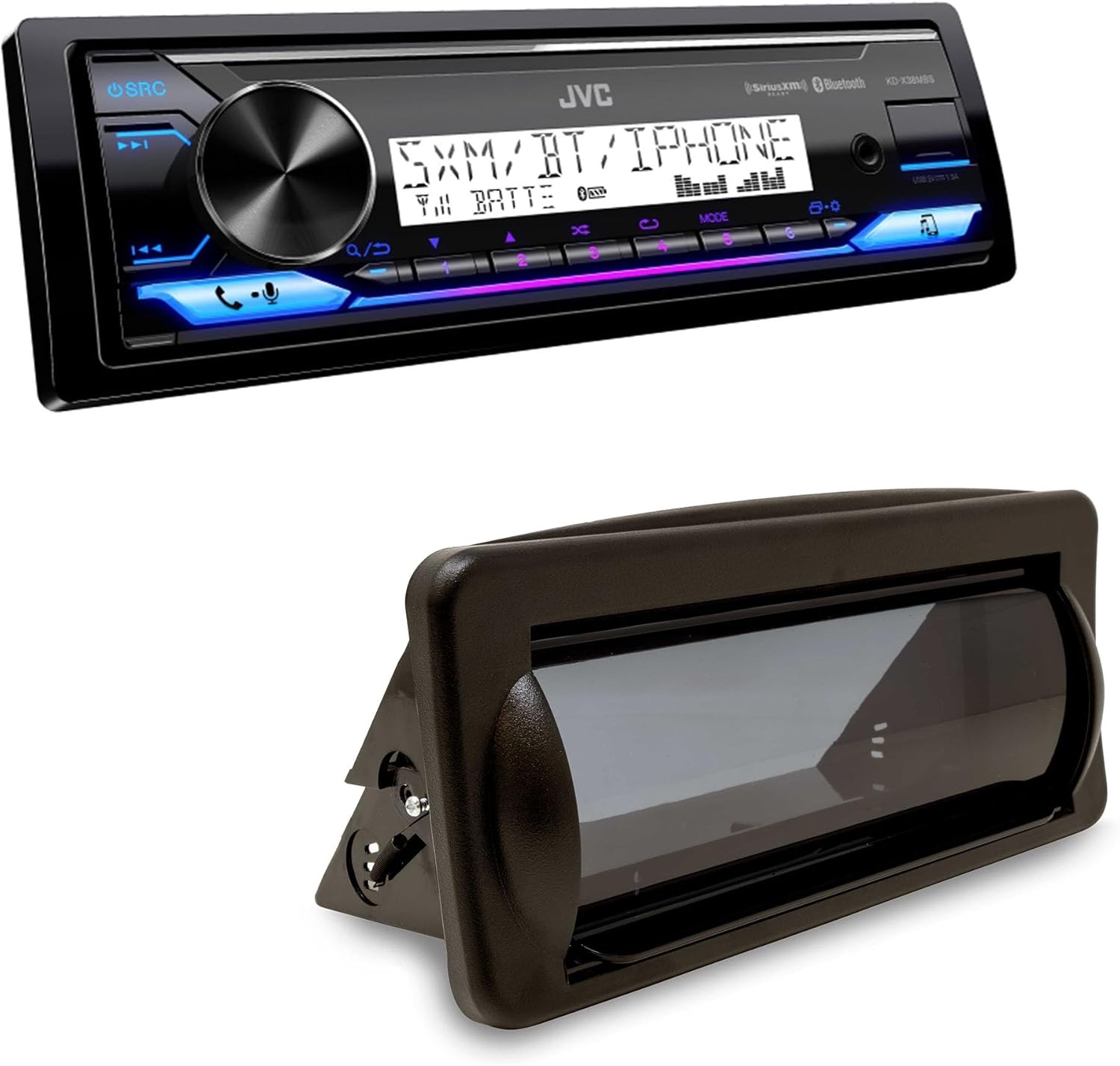 JVC KD-X38MBS Marine Digital Media Receiver with Bluetooth, USB, SiriusXM Ready, Conformal Coated PCB with Creative Audio CAMC1B Marine Single DIN Radio Mounting Kit with Retractable Cover (Black)