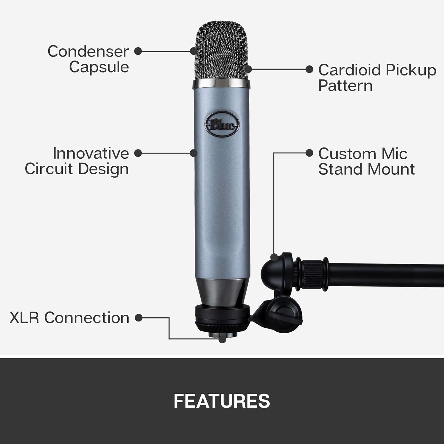 Blue Ember XLR Condenser Mic for Recording and Streaming, Custom Cardioid Capsule and Mic Stand Mount, Gray