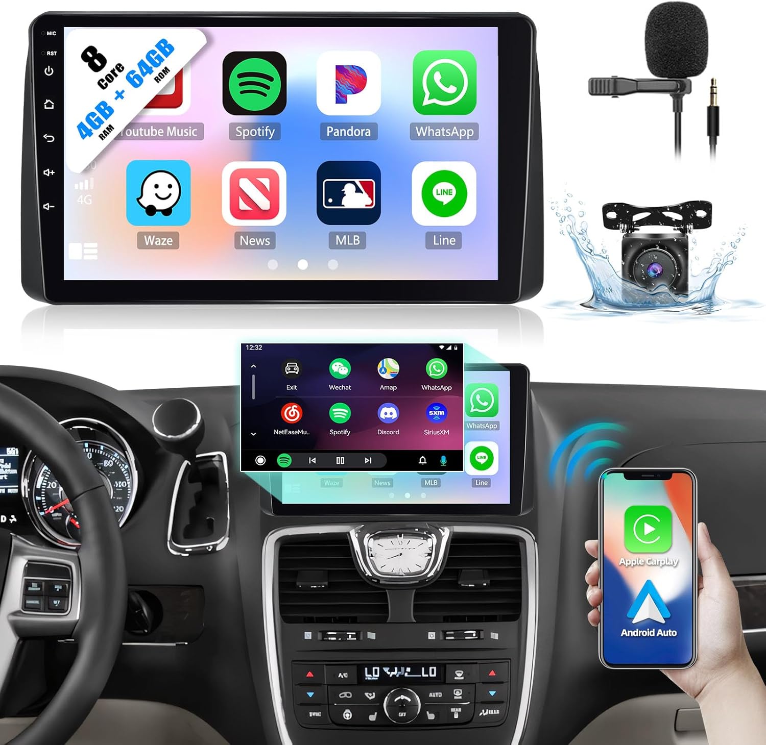 4+64G 8-Core Car Stereo for Dodge Grand Caravan 2011-2020 Chrysler Town & Country 2011-2016 with Wireless CarPlay Android Auto 9