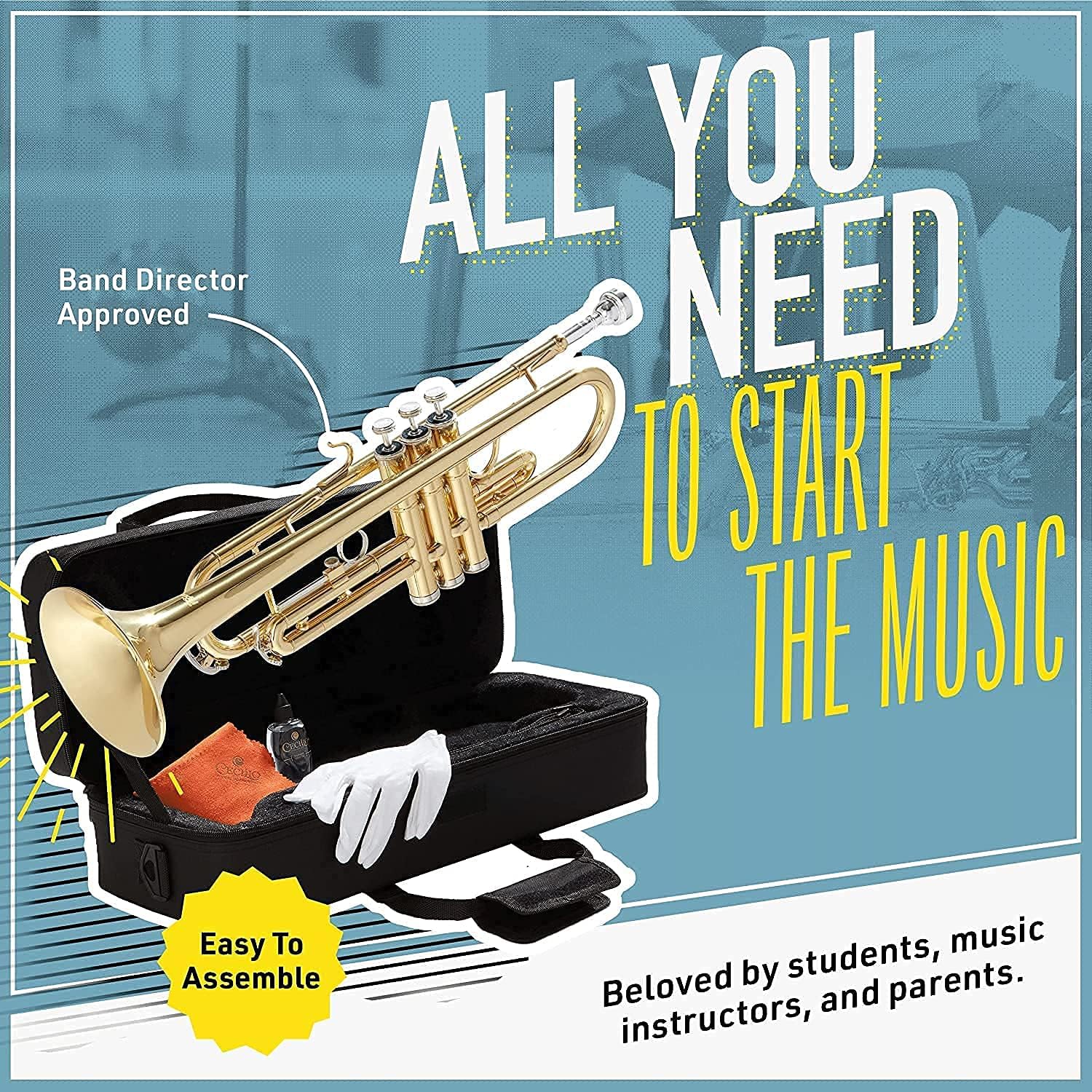 Mendini By Cecilio Bb Standard Trumpet Set for Beginners - Brass Student Trumpet Instrument with Hard Case, 7C Mouthpiece, Valve Oil, Cleaning Cloth, Gloves (Gold)