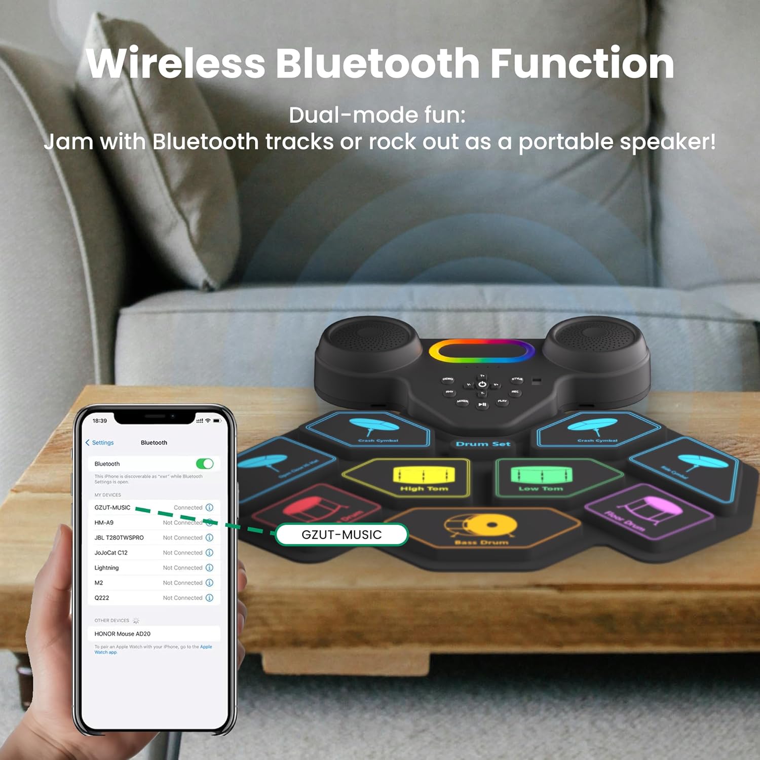 Electronic Drum Set, 9 Pads Roll Up Drum Kit, Built-in 2 Foot Pedals, Drumsticks, Headphone Jack, MIDI Support, Graphic