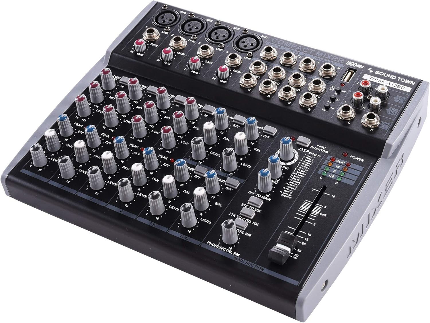 Sound Town Professional 12-Channel Audio Mixer with USB interface, Recording, EQ, Bluetooth, DSP and 48V Phantom (TRITON-A12BD)