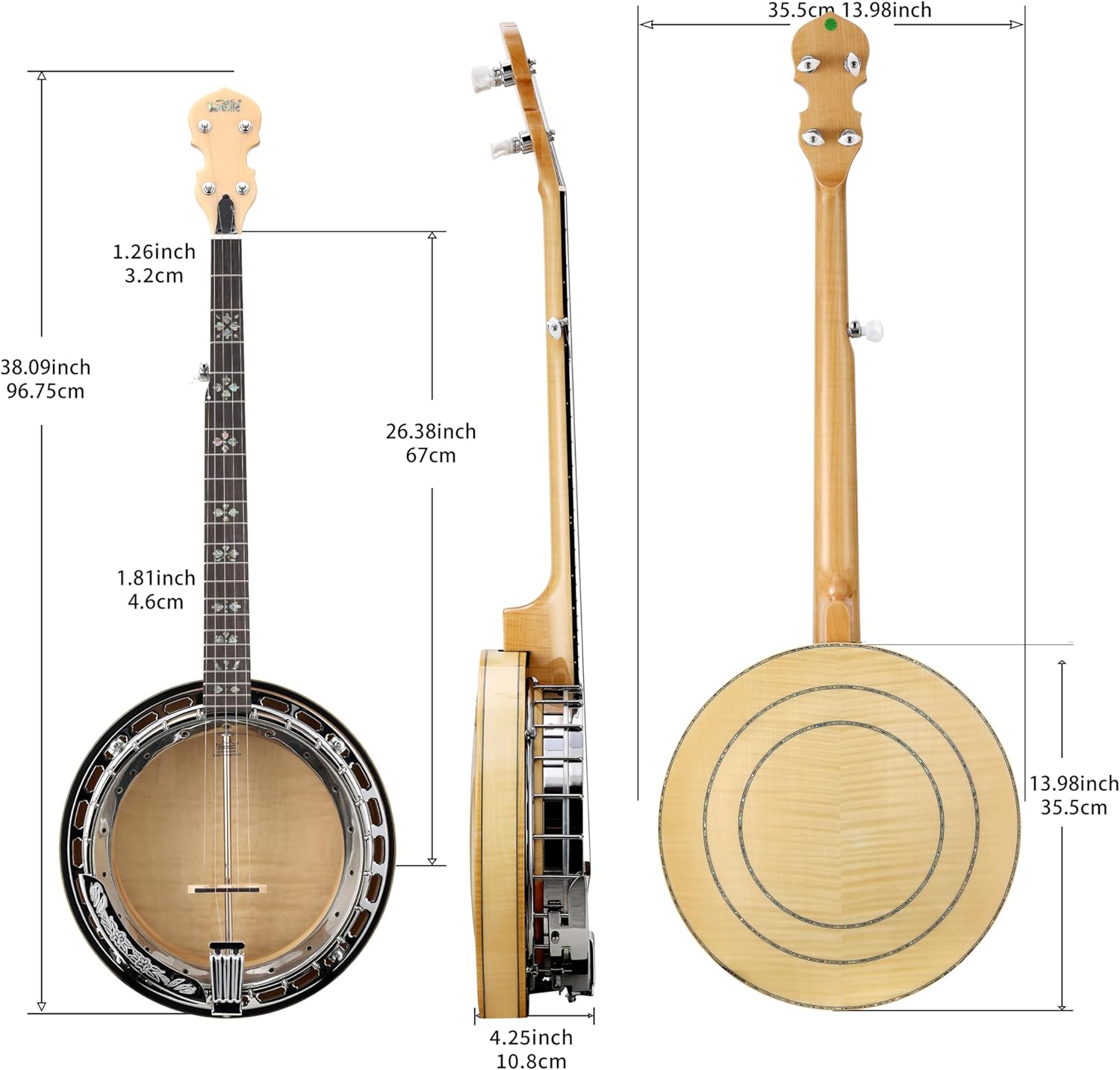 5 String Full Size Banjo Solid Back Remo Head Coated Top Flamed Maple Body Material Flamed Maple Back Material Type Flamed Maple Neck Material Type