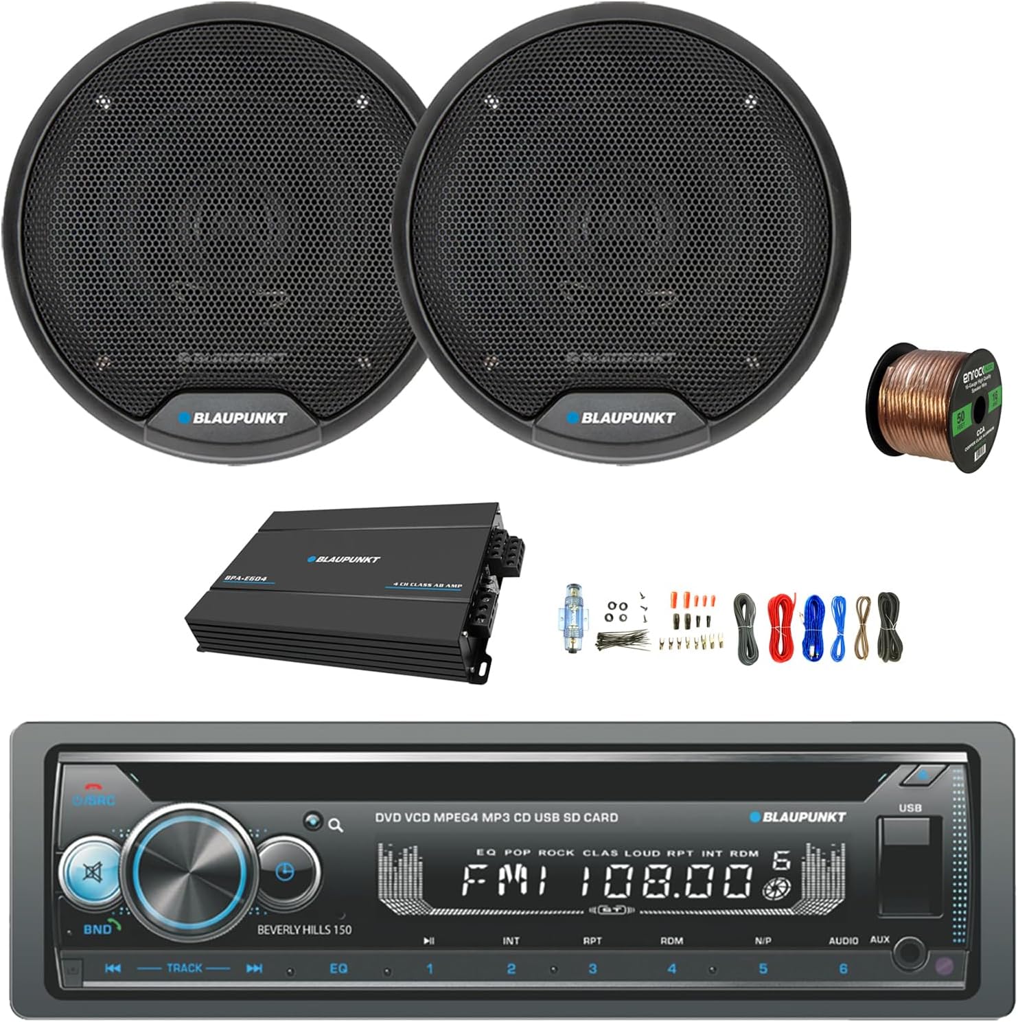 Blaupunkt Beverly Hills 150 Single DIN Bluetooth DVD/CD Stereo Receiver, 4-Channel Amplifier w/Kit, 2X 6 40 Watt Max 3-Way Car Speakers w/Wire