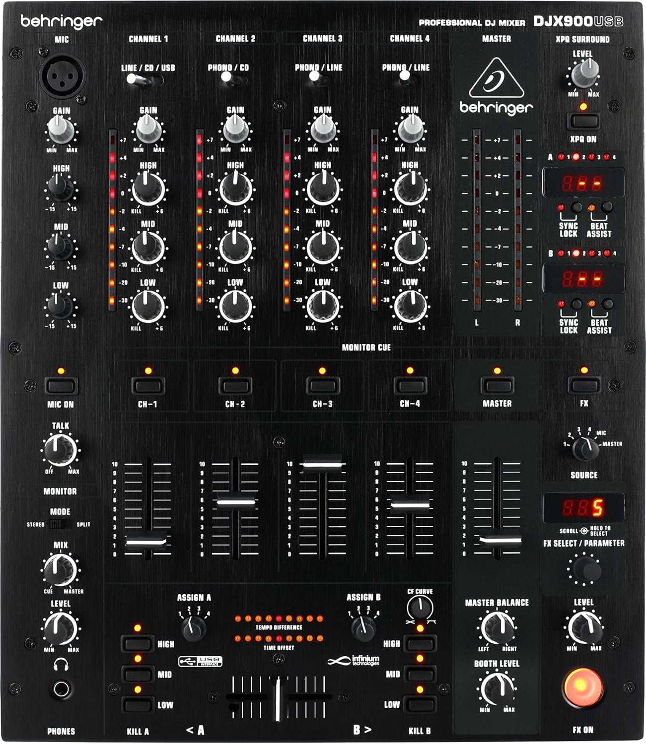 Behringer PRO MIXER DJX900USB Professional 5 Channel DJ Mixer with INFINIUM 'Contact-Free' VCA Crossfader, Advanced Digital Effects and USB/Audio Interface