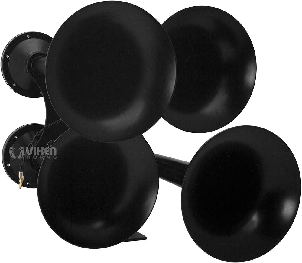 Vixen Horns Train Horn for Truck/Car. 4 Air Horn Black Heavy Duty Trumpets. Super Loud dB. Fits 12v Vehicles like Semi/Pickup/Jeep/RV/SUV VXH4318B