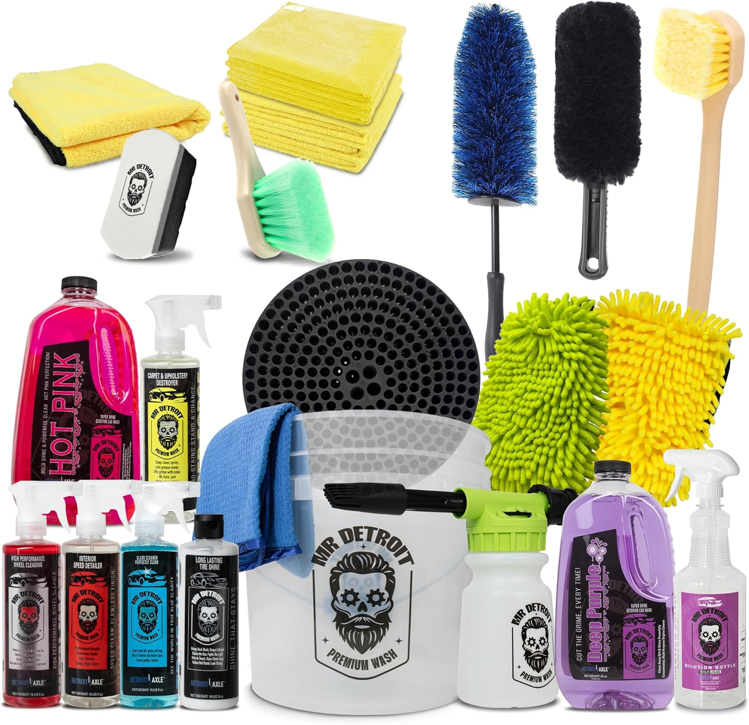 Mr. Detroit - 22pc Car Wash Kit with Foam Blaster, Bucket and Filter, Car Care Cleaners, Towels, Wash Gloves, Brushes, Sponge Pad, Exterior and Interior Detailing for Vehicles