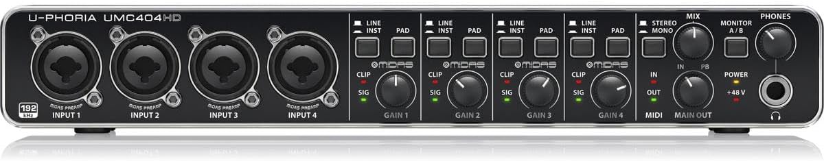 Behringer U-PHORIA UMC404HD Audiophile 4x4, 24-Bit/192 kHz USB Audio/MIDI Interface with Midas Mic Preamplifiers