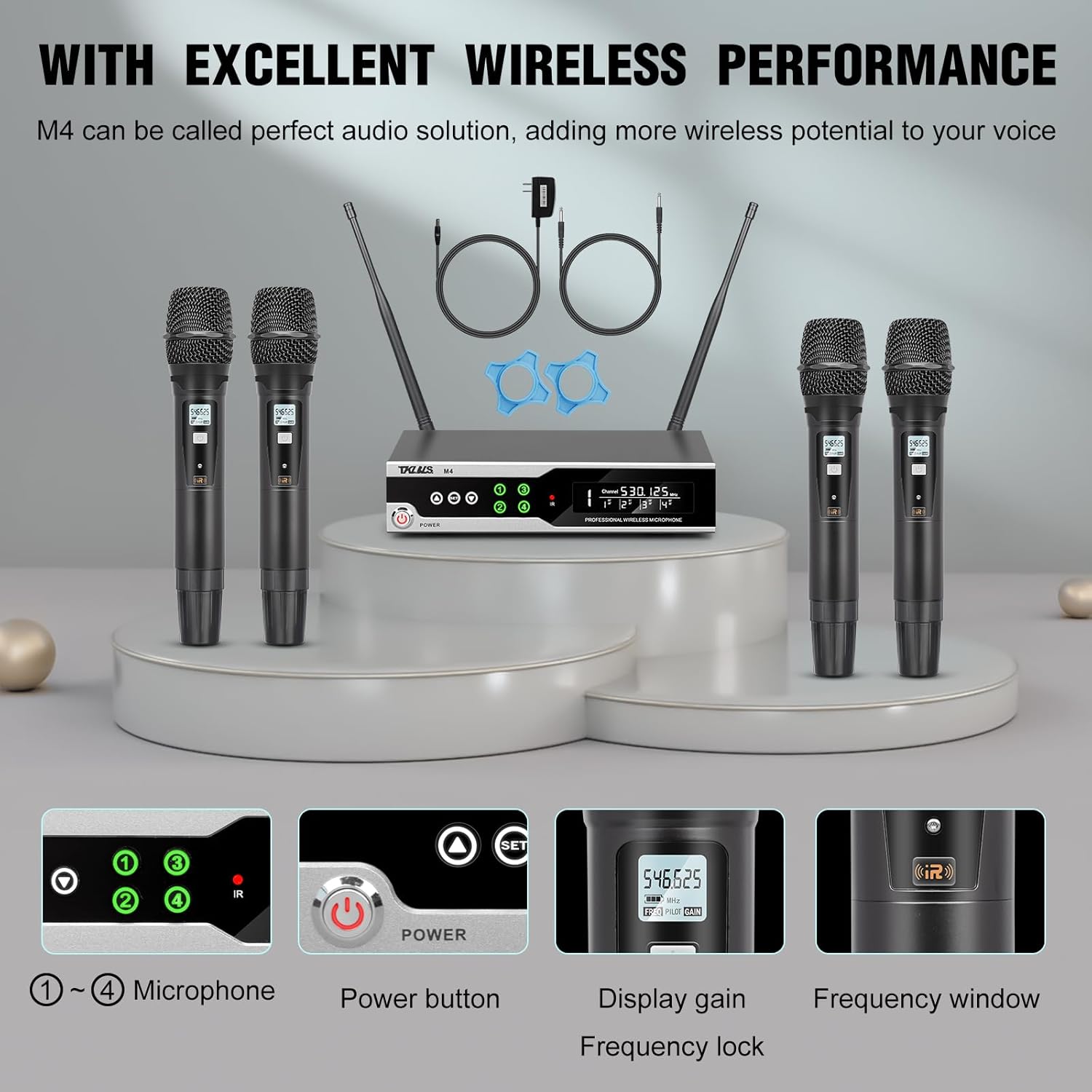 Wireless Microphone System, 4 Channel UHF System with Handheld Microphone, Dual Cordless Karaoke Microfono Set, 300FT Wireless Range, Suitable for Performances, Conferences, Wedding