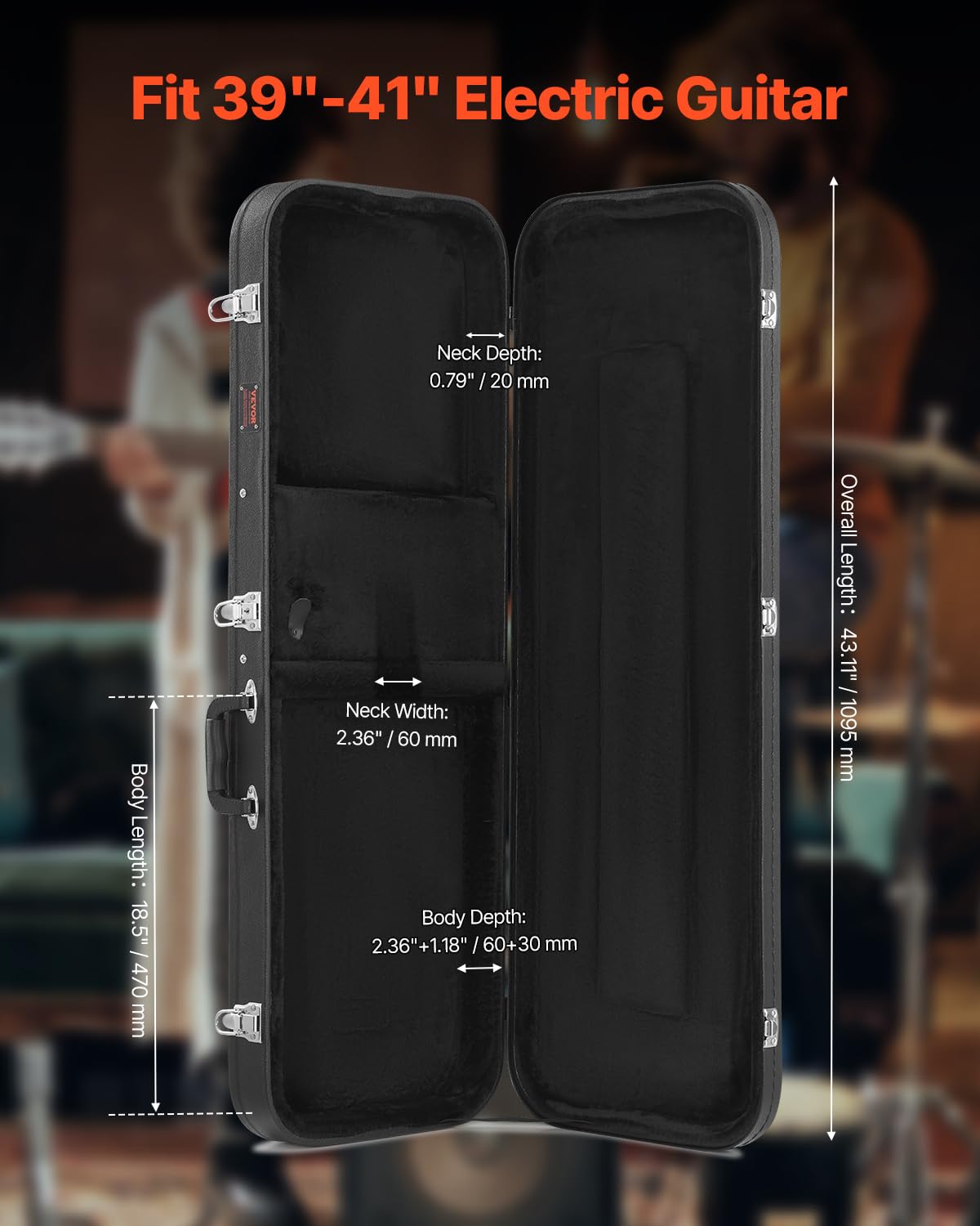 VEVOR Electric Guitar Hard Case, 43.11 in Rectangular Guitar Hard Case, With Lock Latch Keys Handle, PVC Padding Soft Lining Water-Resistant Hard Shell Guitar Cases, for 39 in Electric Guitars, Black