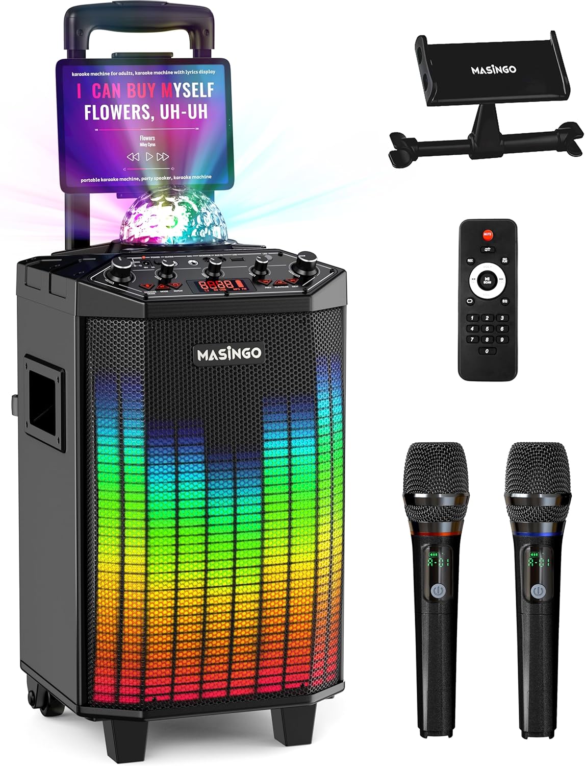 MASINGO New Karaoke Machine for Adults and Kids with 2 Bluetooth Wireless Microphones. Portable Singing PA Speaker System with Party Lights, Lyrics Display Holder, and TV Cable. Festoso X9