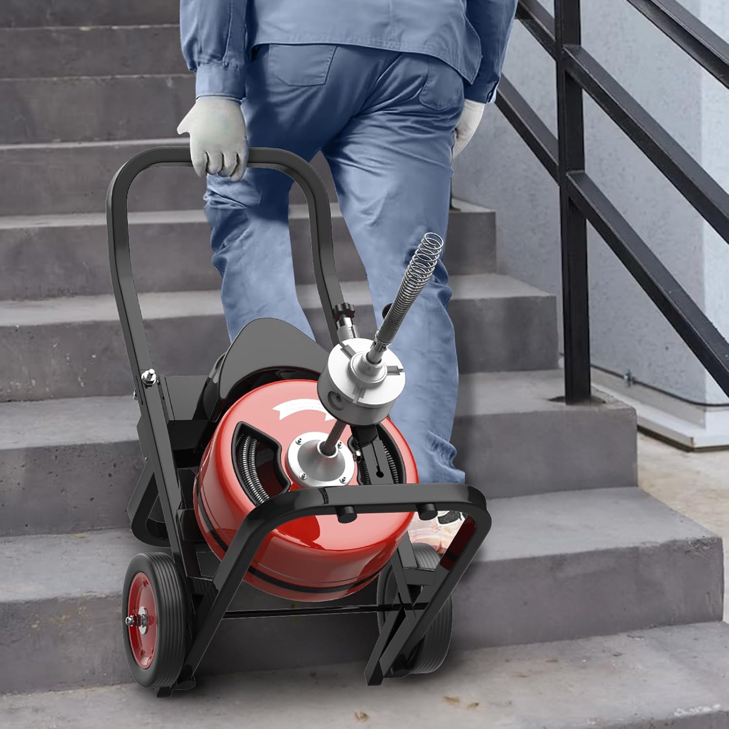 Drain Cleaning Machine, 100 Ftx1/2 In Auto-Feed Sewer Snake with 6 Cutters & Air Foot Switch, Commercial Electric Drain Cleaner Tool with Wheels, Fits 2-4 In Pipes