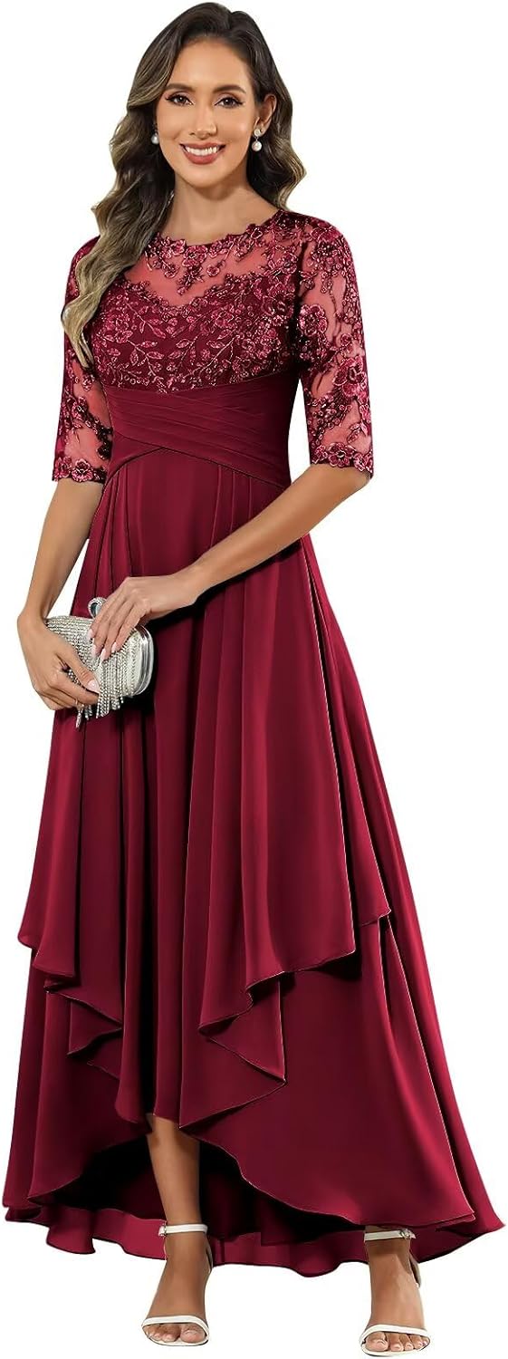 1/2 Sleeve Mother of The Bride Dresses for Women Lace Chiffon Sequin Ruched A Line Long Formal Evening Gown