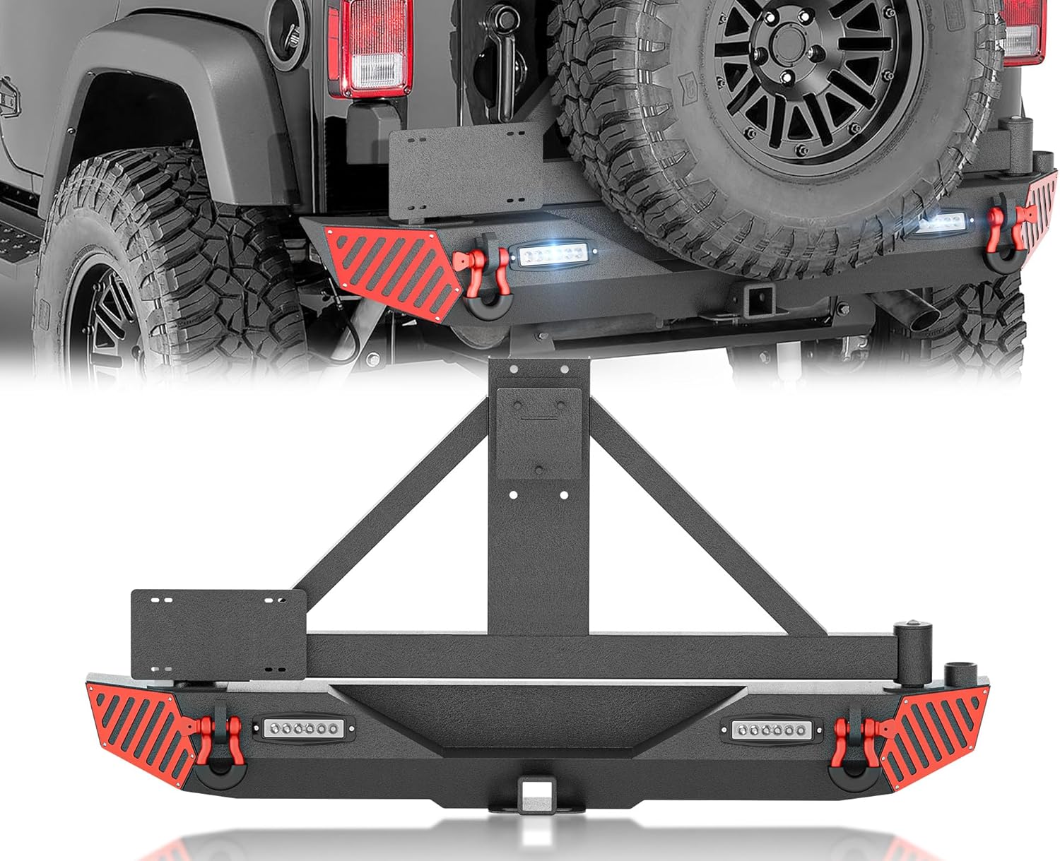 for Wrangler JK JKU Rear Bumper with Spare Tire Carrier Compatible with 2007-2018 Jeep Wrangler JK JKU with 2 x LED Lights, 2