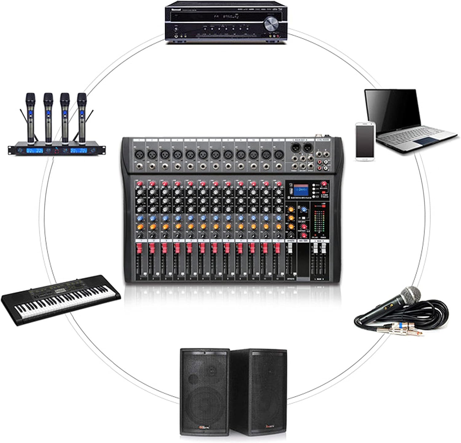 12 Channel Audio Mixer, Professional Live Studio Audio Mixer with Bluetooth USB PC Recording Input, Mixing Console Amplifier Studio, Black