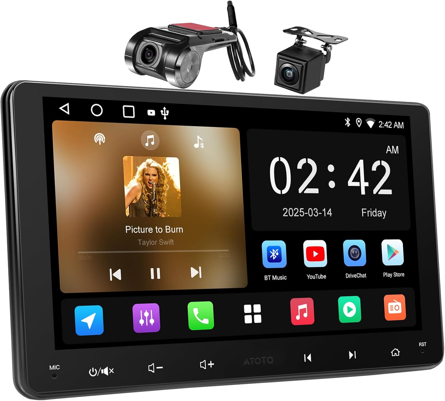 9inch Android Double-DIN Car Stereo with 1080P Dashcam&Backup Camera, Wireless CarPlay&Android Auto, WiFi/Bluetooth/USB, GPS Tracking, 24EQ, DSP, Built-in AMP, LRV