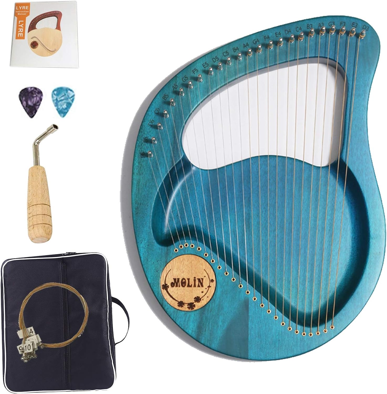 Lyre Harp 24 String Bone Saddle Lye Harp,Mahogany String Instrument with Tuning Wrench and Gig Bag for Music Lovers Beginners Children Adults Kids (Color : A)