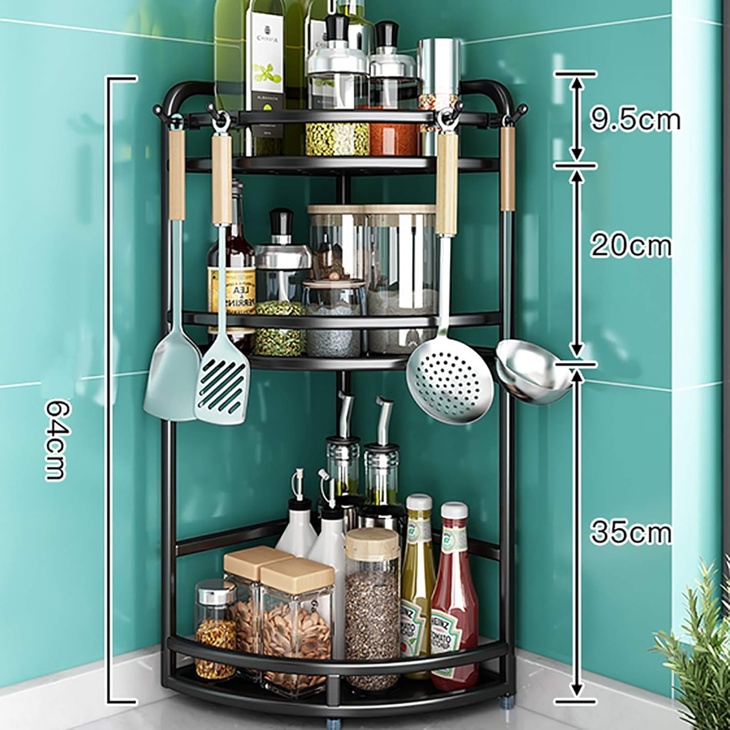Stainless Steel Multi-Tier Spice Rack Large Capacity Bathroom Shelf Wall Mounted and Countertop Bathroom Organizer,Black Corner Kitchen Shelf-B1-24cm 3 Floors