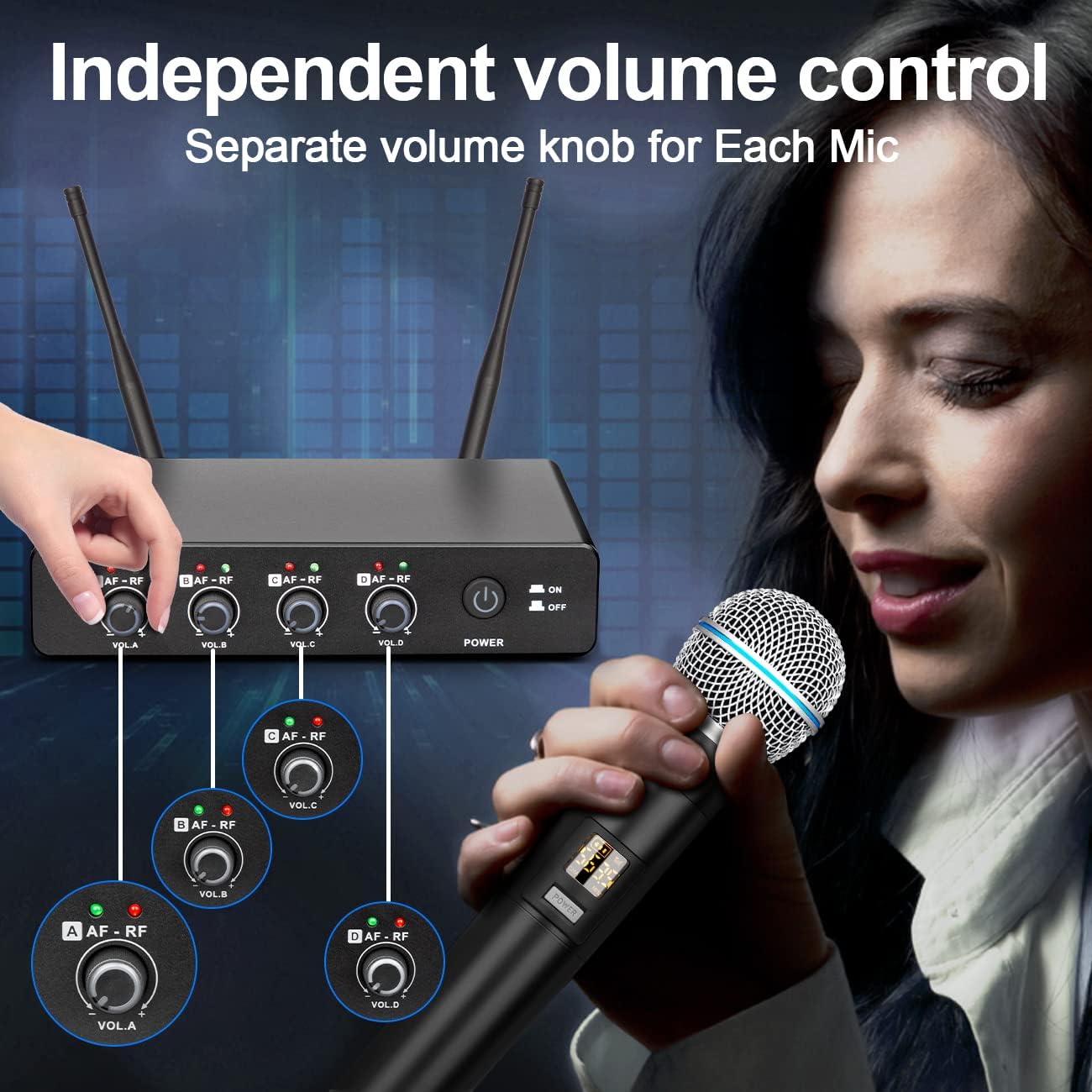 Depusheng R4 Karaoke Wireless Microphones Professional 4 Channels Handheld Wireless Microphone System Metal Dynamic Mic for Karaoke Singing, House Party, Church, Performance