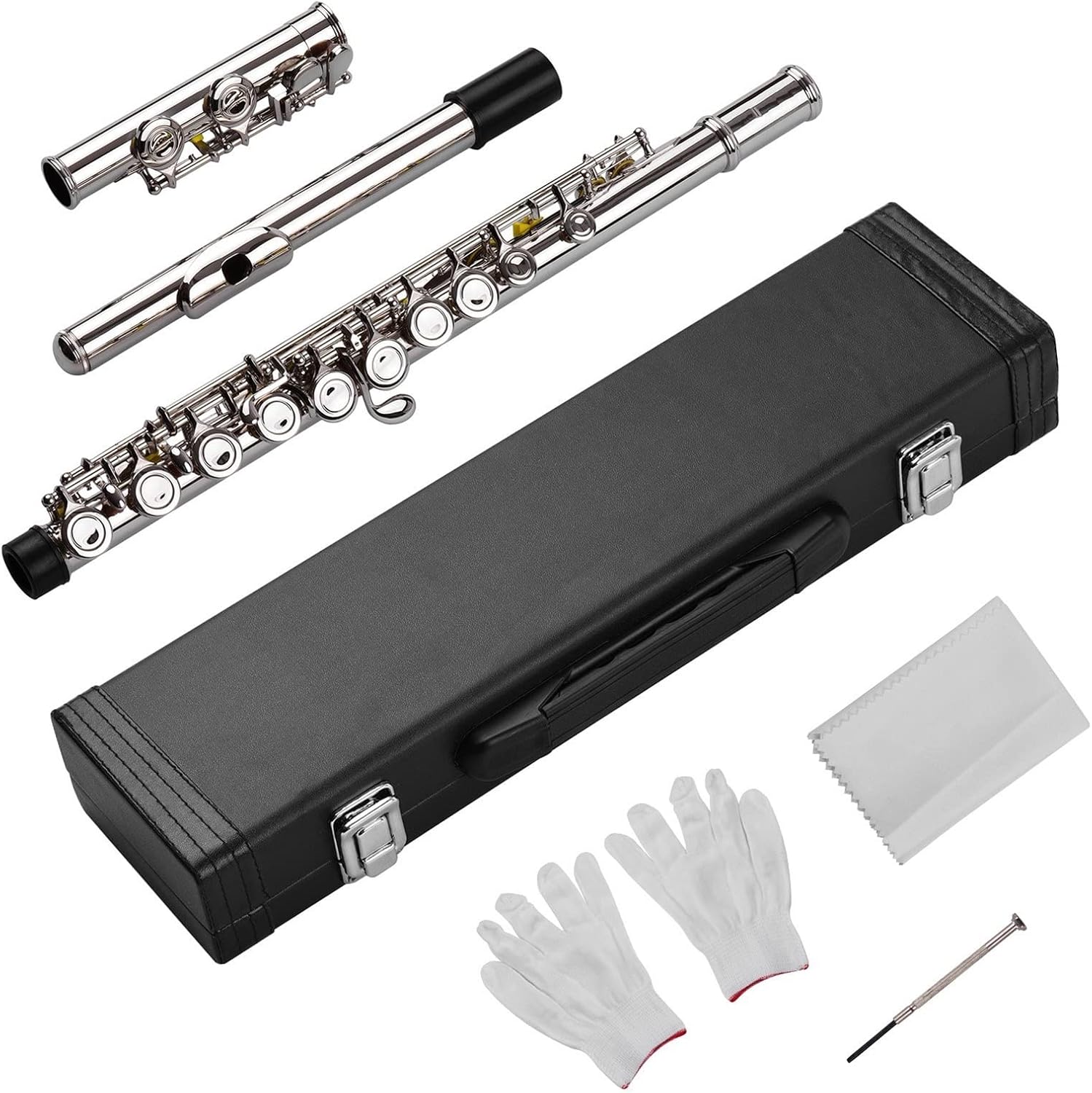 Flute Kit Concert Flute Nickel Plated 16 Holes C Key Cupronickel Woodwind Instrument Mini Screwdriver Padded Bag Intermediate Flute