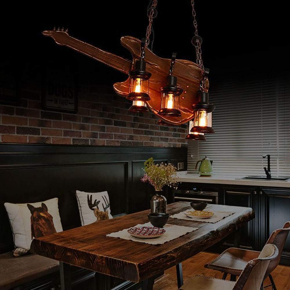 Farmhouse Chaners 6 Lights Unique Guitar Bass Wooden Rustic Retro Pendant Light Fixture Compatible with Restaurant Bar Kitchen Dinging Room